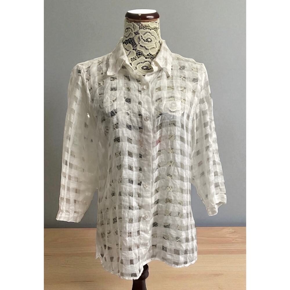 Coldwater Creek linen Square Pattern Button Shirt Womens Medium M